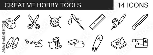 A collection of 14 linear icons representing various tools used in creative hobbies, including art, crafting, sewing, and DIY projects.