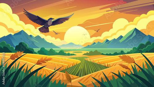 Majestic bird soars over golden fields and mountains at sunset