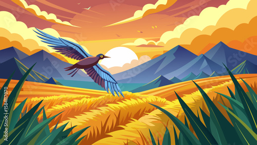 Stylized bird soars over golden fields at sunset with mountains and clouds
