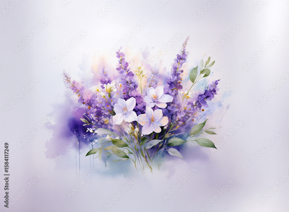 Fototapeta premium A watercolor painting of a lavender and white flower bouquet, set against a soft, muted purple background. The delicate blossoms and greenery are rendered with soft, blurred edges.