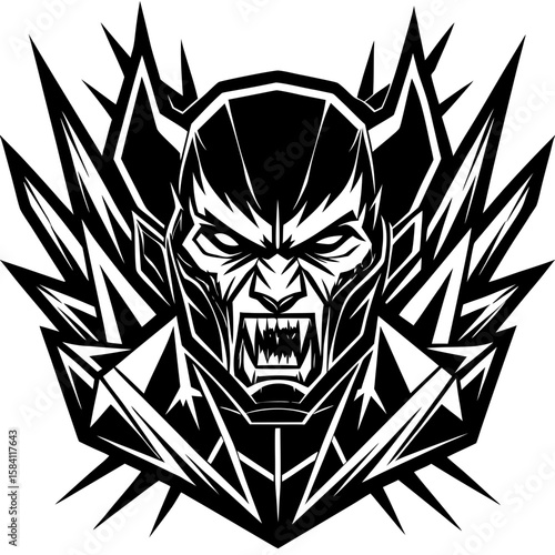 A dramatic vampire graphic design features sharp lines, menacing fangs, and a powerful, bold style suitable for Halloween themed designs.