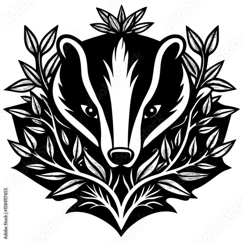 Artistic monochrome badger emblem with floral accents creating a striking design for brand identity and woodland themed projects.