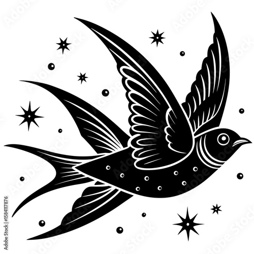 A graceful swallow soars amidst stars, perfect for logo design, tattoo art, or any project needing a touch of classic elegance.