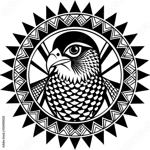 A striking black and white graphic featuring a majestic hawk inside an ornamental circular design perfect for logos and unique branding.