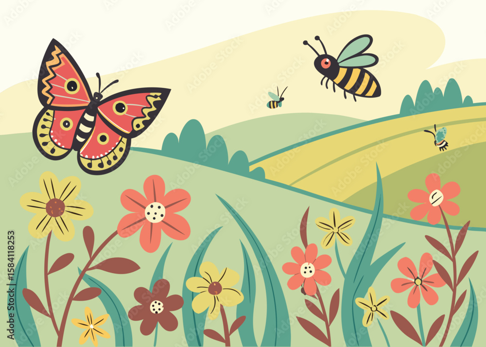 Obraz premium Charming illustration of a butterfly and bees flying over a colorful meadow with flowers