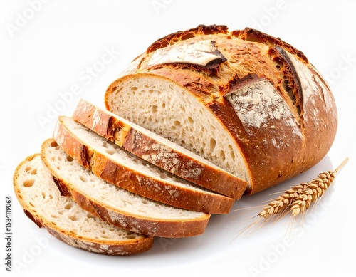 Pan de campo entero y rebanado sobre fondo blanco