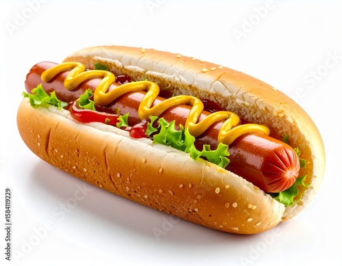  Hot dog con mostaza y ketchup sobre fondo blanco