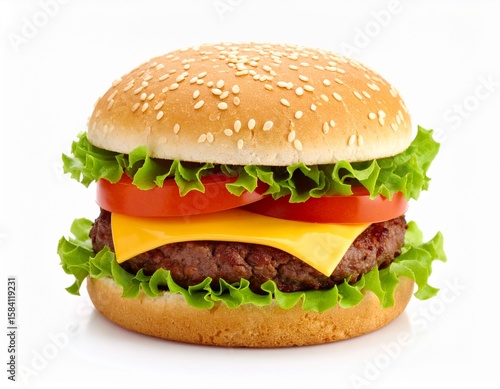 Hamburguesa clásica con queso, lechuga y tomate sobre fondo blanco