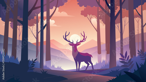 Majestic deer stands in a stylized forest at sunset with mountains in background