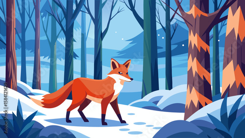 A lone fox walks through a snowy forest in a stylized winter landscape