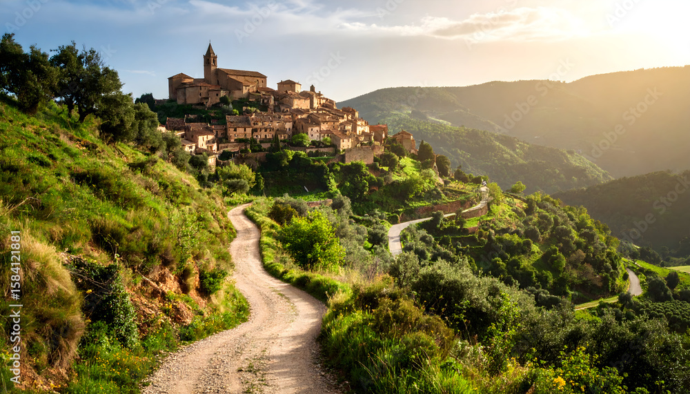 Fototapeta premium Picturesque Hilltop Village at Sunset