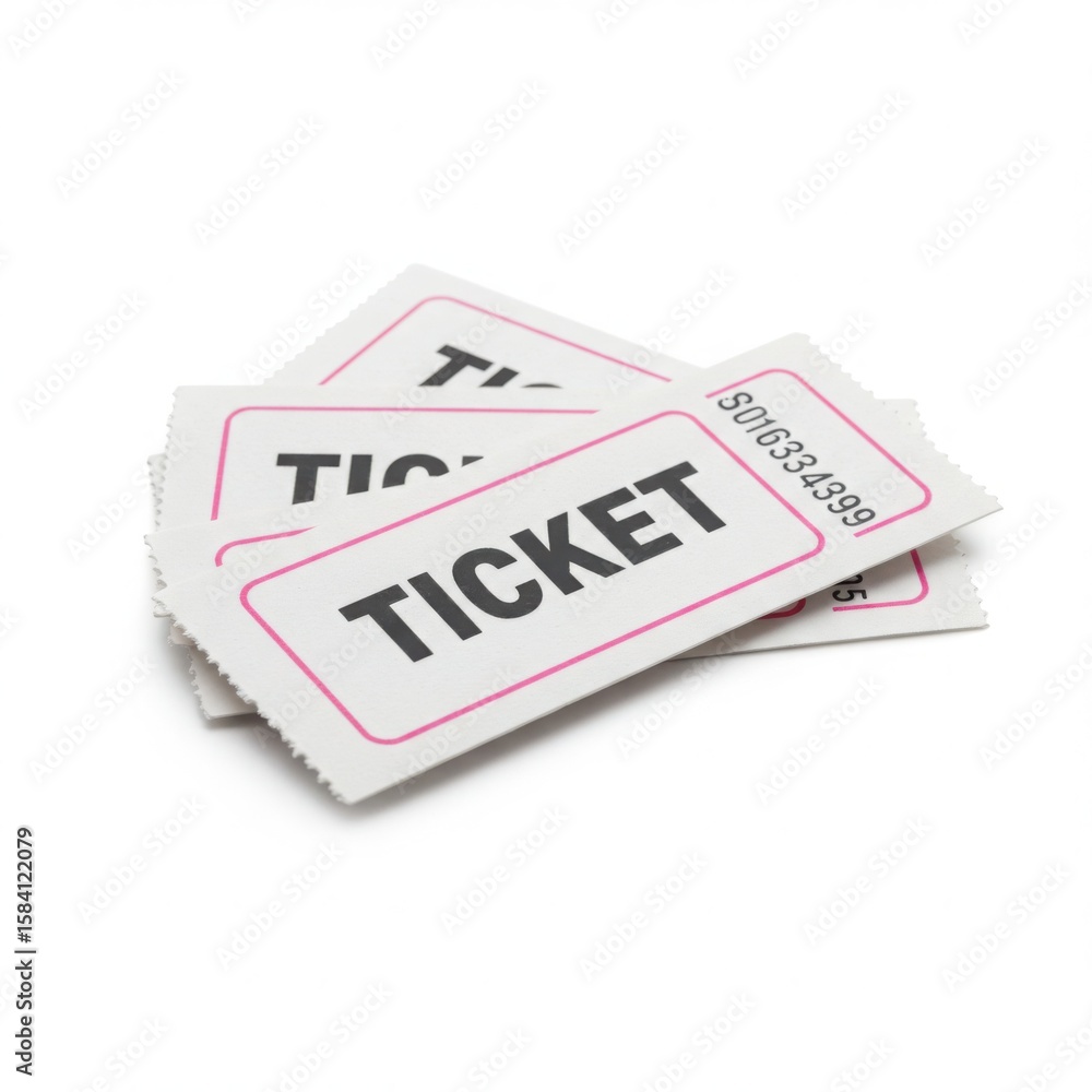 Stack of white tickets with pink border isolated on white background Stack of white tickets with pink border isolated on white background