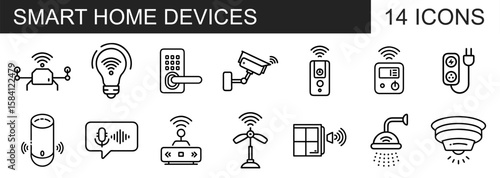 A set of 14 linear icons representing various smart home devices, highlighting automation, connectivity, and home security features.