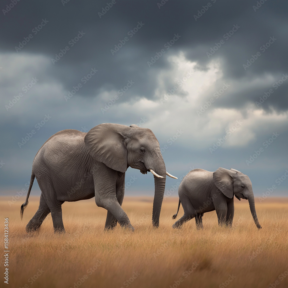 Fototapeta premium Mother elephant leading calf across open plains under cloudy sky