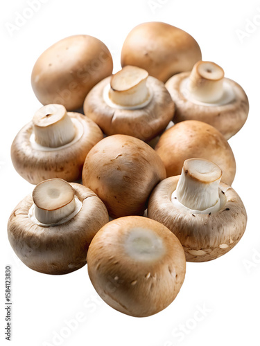 A group of raw button mushrooms with brown caps and white stems arranged closely together isolated on a transparent background