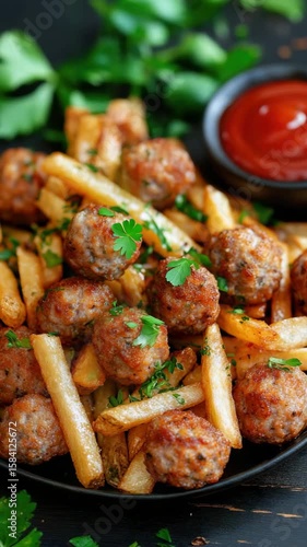 A delicious appetizer or main course featuring fried meatballs on top of crispy french fries, served with red sauce for dipping.