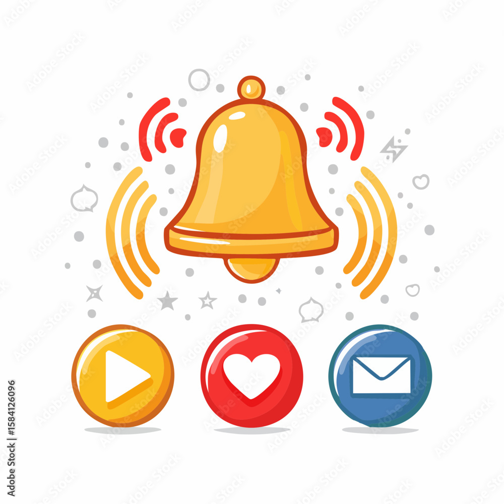 Fototapeta premium Design a stylish social media vector icon set: notification bell with spark effect, animated like heart icon, and subscribe label with call-to-action design