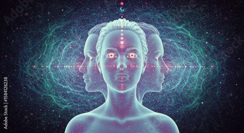 Futuristic human figure with multiple faces representing quantum immortality  