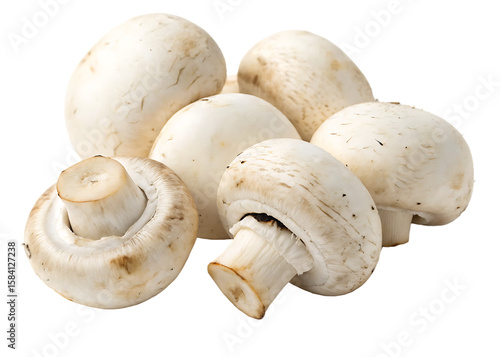 Cluster of white button mushrooms with visible gills and stems isolated on a transparent background champignon