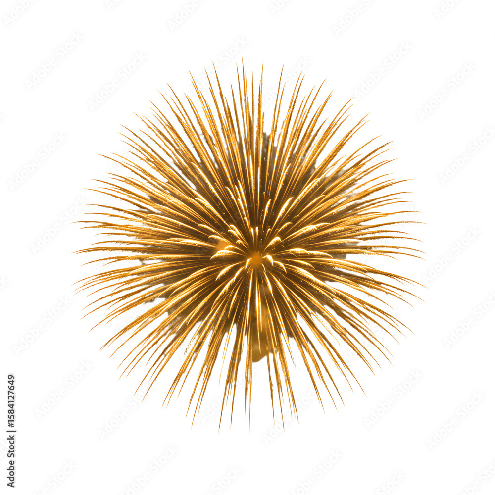 Naklejka premium Radiant gold firework exploding in a spectacular circular burst. Isolated graphic element for celebrating holidays and special occasions.