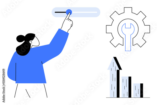 Woman adjusting a slider control, gear and wrench indicating tools, growth chart symbolizing progress. Ideal for business, performance, settings, development, technology, success simple landing page
