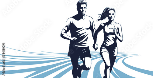 Running man and woman, isolated vector silhouettes. Run, side view. Silhouettes of athletic looking male and female runners running. EPS 10 file.