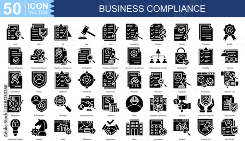 business compliance icon collection set. Containing Audit, Policy, risk, Law, Form, compliance, Standard icon