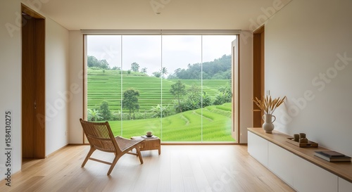 Wallpaper Mural A modern interior with a large window overlooking lush green rice terraces. Torontodigital.ca