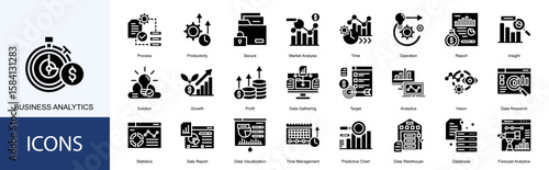 Business analytics icon collection set. Containing Process, Productivity, Secure, Market Analysis, Time, Operation icon