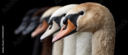 Fototapeta Naklejka Na Ścianę i Meble -  Close up side profile of multiple swans with varying feather colors in a row