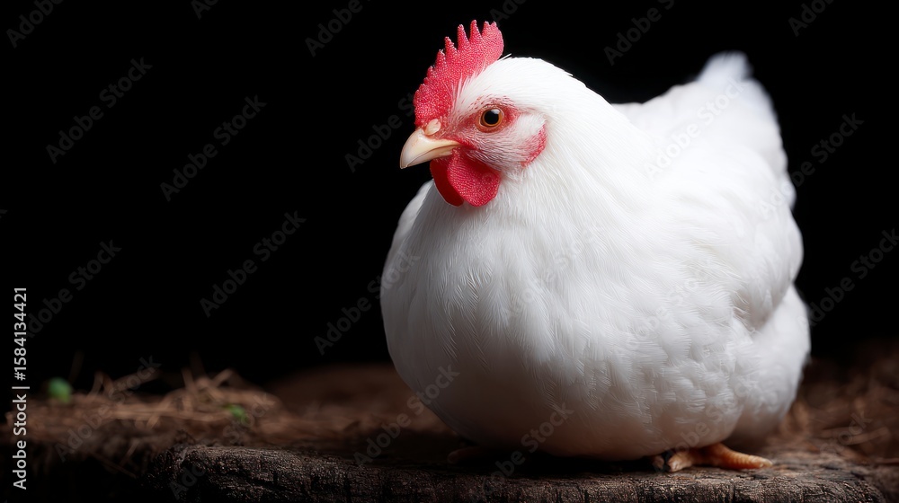 Fototapeta premium A plump white chicken with a red comb sits on a rustic wooden surface against a dark background