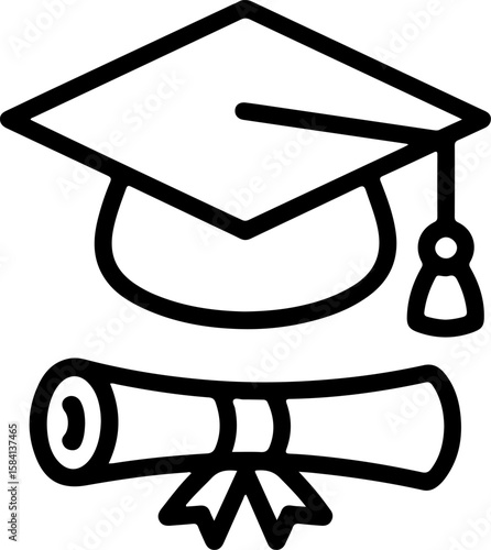 Stylized black outline of a graduation cap and diploma scroll with ribbon