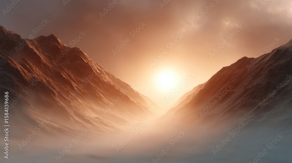 Naklejka premium Rugged mountain range with a bright sun illuminating the valley mist below