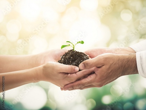 Hands handing over land with green shoots, symbolizing investment, growth and sustainability.