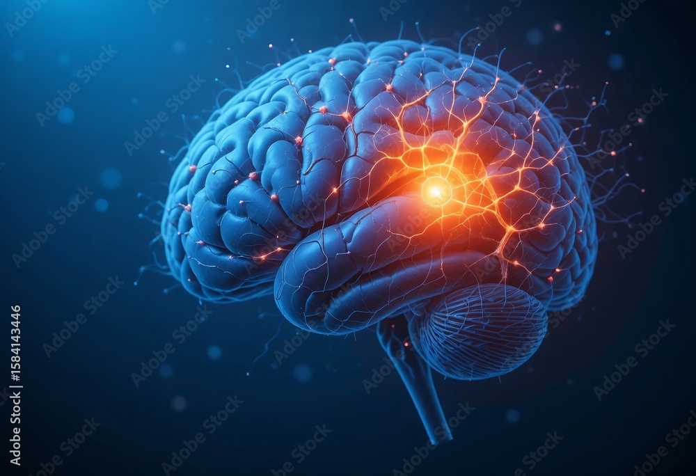 Obraz premium Digital illustration of a glowing human brain with neural connections highlighted, signifying intelligence and activity.