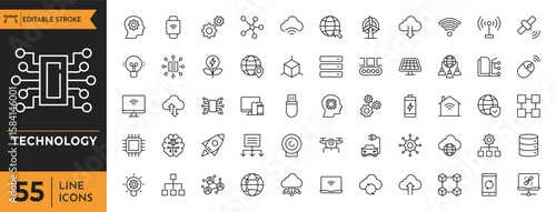 Technology icon set. Containing factory, 5g, ai, robotics, cloud, automation, iot, communication, programming and more. Editable stroke. Vector illustration
