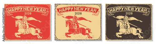 年賀状, 午年, 馬, 2026年, お正月, うま年, ベクター, Happy New Year, 手描き, スタンプ, レトロ, ヴィンテージ, 騎士, グランジ, アート, 筆書き, 筆, デザイン, おしゃれ, お祝い, 十二干支, 干支, セット, イラスト