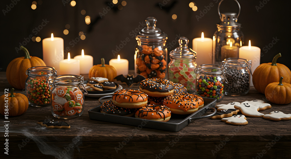 Naklejka premium Halloween treats displayed with donuts, cookies, pumpkins, and jars of candy under soft candlelight