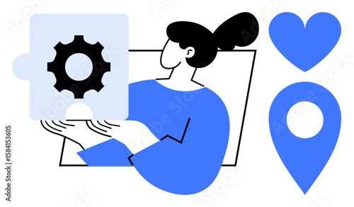 Woman holding puzzle piece with gear, symbolizing problem-solving and innovation. Blue heart and location pin nearby. Ideal for teamwork, solutions, navigation, problem-solving, creativity, project
