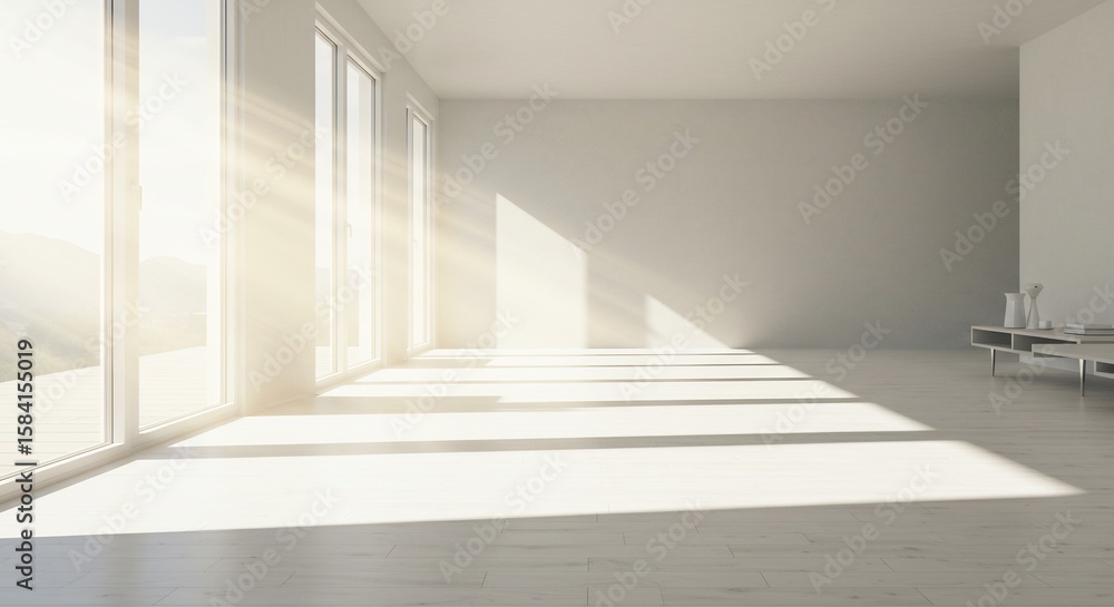 Fototapeta premium Bright Minimalist Interior: Sunlight Streaming Through Windows, Modern Design, Serene Atmosphere