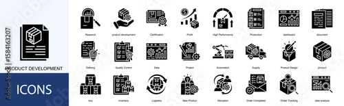 product development icon collection set. Containing Certification, Profit, High Performance, Production, dashboard, document icon