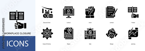 Workplace Closure icon collection set. Containing Financial Crisis, Lockout, Union, contract, Protest icon