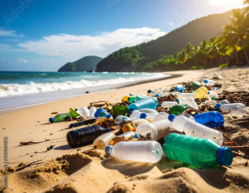 Plastic Waste on Beach Sand: Coastal Pollution, Environmental Damage & Ocean Litter, Global Crisis Impacting Nature for Conservation & Clean-Up Campaigns

