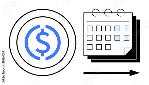 Coin with dollar sign next to calendar and arrow indicating progression. Ideal for finance, savings, budgeting, payment plans, time management, investments, and economic forecasts. Simple flat