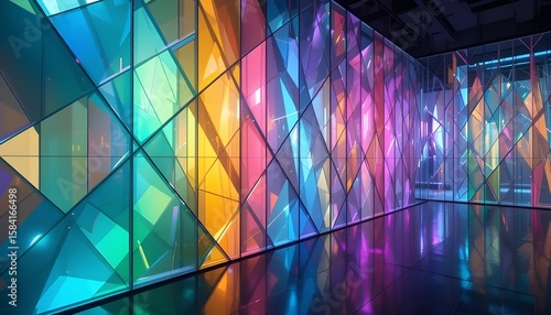 Geometric Crystal Wall Pattern with Rainbow Prismatic Light