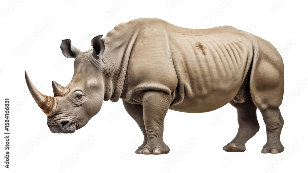 Fototapeta premium Majestic rhinoceros stands with imposing horn against a transparent background.
