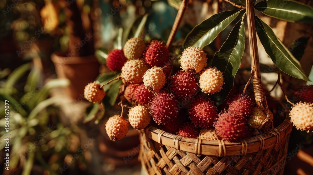 Obraz premium A woven basket overflows with ripe red and yellow lychees lush green leaves and warm sunlight
