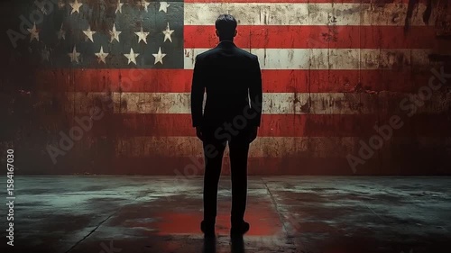 A man stands in solemn reflection before the American flag.