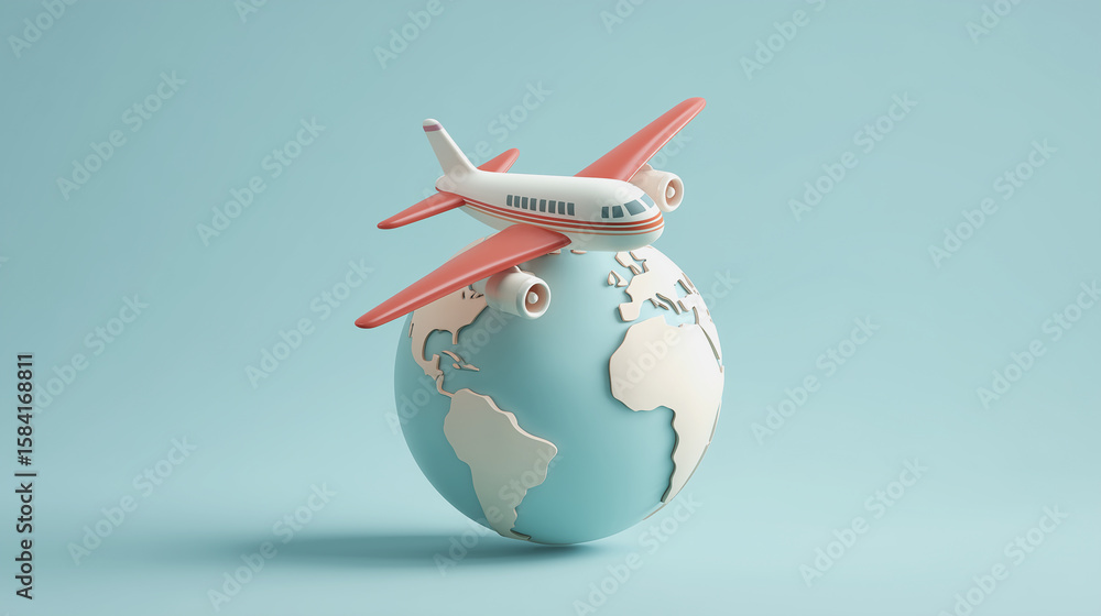 Fototapeta premium airplane flying over a world, minimal 3d cartoon render style