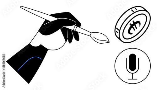 Hand holding paintbrush representing creativity, cryptocurrency coin linking digital economy, and microphone denoting voice or audio media. Ideal for art-tech fusion, innovation, digital finance